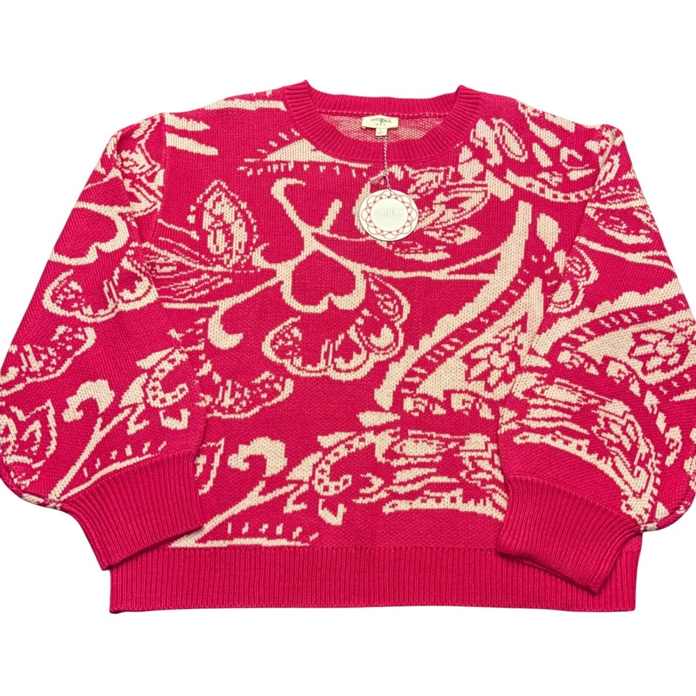 Umgee | Womens L | Pink Floral Paisley | Jacquard Knit Crewneck Sweater | NWT
